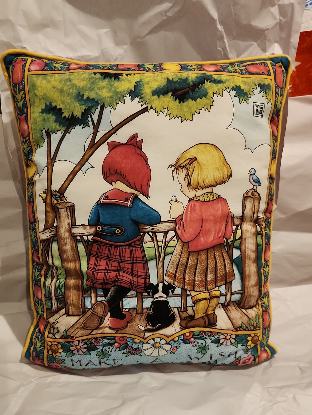 Decorative Throw Pillow with Vintage Kids Illustration - Multicolor
